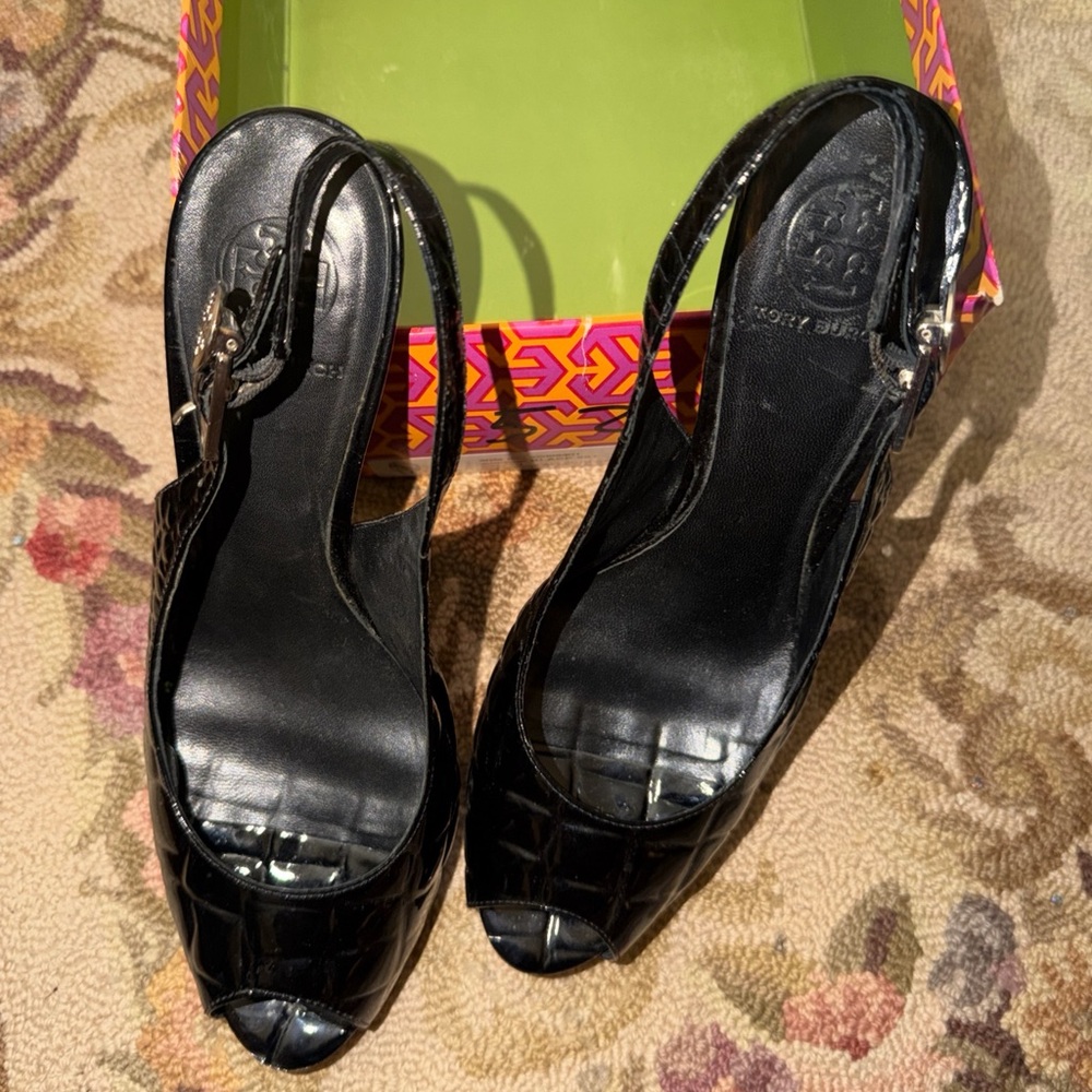 Tory Burch Slingback peep toe Heels – Size 10– Black Suede
